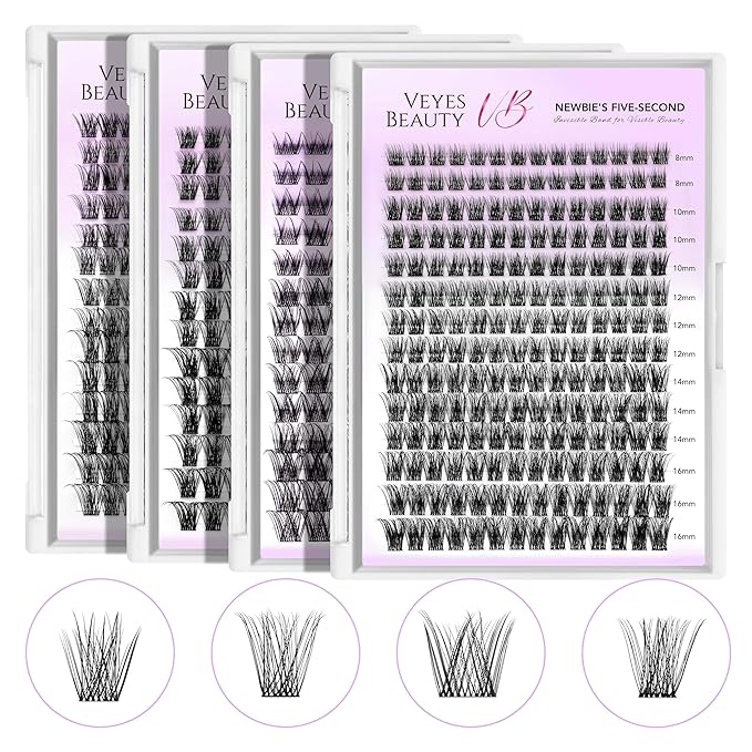 VEYESBEAUTY Lash Clusters Kit Individual Eyelash Extensions Thin & Invisible Band DIY False Eyelashes Newbie's Five-Second Series Wispy Lash Tray, LuxeBold KIT with Bond&Seal Remover Applicator-Velvo Beauty