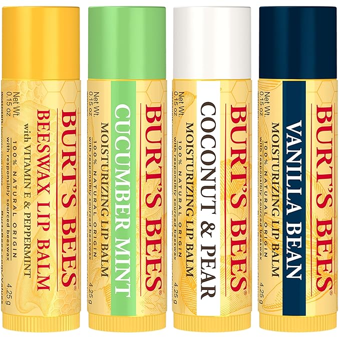 Burt's Bees Lip Balm - Beeswax, Cucumber Mint, Coconut & Pear, and Vanilla Bean Pack, With Responsibly Sourced Beeswax, Tint-Free, Natural Origin Lip Treatment, 4 Tubes, 0.15 oz.-Velvo Beauty