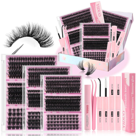 Volume Lashes Clusters Lash Kit Gift Packs 770Pcs with 2X Bond&Seal 5 style Mixed C-Curl False Eyelashes Extensions Faux Mink Individual Lash Wholesale Pack DIY Individual Fake Eyelashes Box-Velvo Beauty