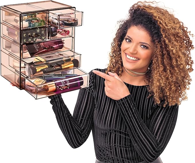 Sorbus Acrylic Makeup Organizer - Organization and Storage Case for Cosmetics Make Up & Jewelry - Big Clear Makeup Organizer for Vanity, Bathroom, College Dorm, Closet, Desk (3 Large, 4 Small Drawers)-Velvo Beauty