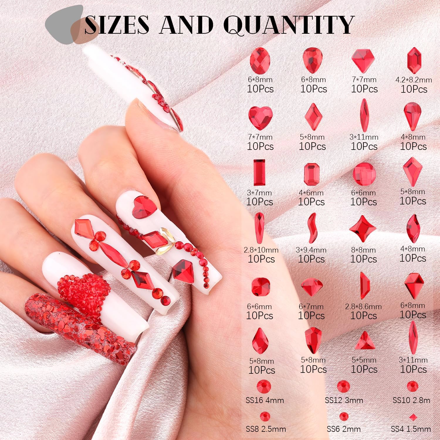2750Pcs Red Glass Nail Rhinestones 240Pcs Multi Shapes Flatback Nail Gems + 2510Pcs 1.5-4mm Round Crystal, Manicure Nail Charms Diamond Gemstones for Acrylic Nails Decoration-Velvo Beauty