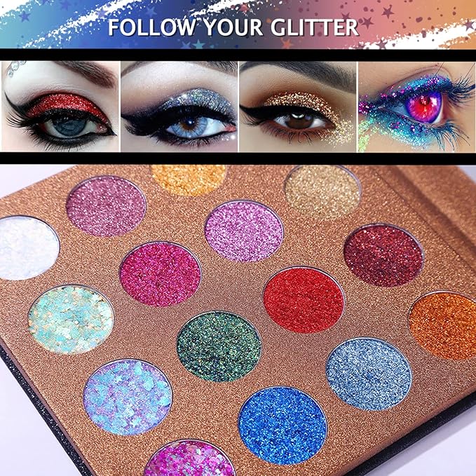 UCANBE Pro Glitter Eyeshadow Palette - Professional 16 Colors - Chunky & Fine Pressed Glitter Eye Shadow Powder Makeup Pallet Highly Pigmented Ultra Shimmer for Face Body-Velvo Beauty