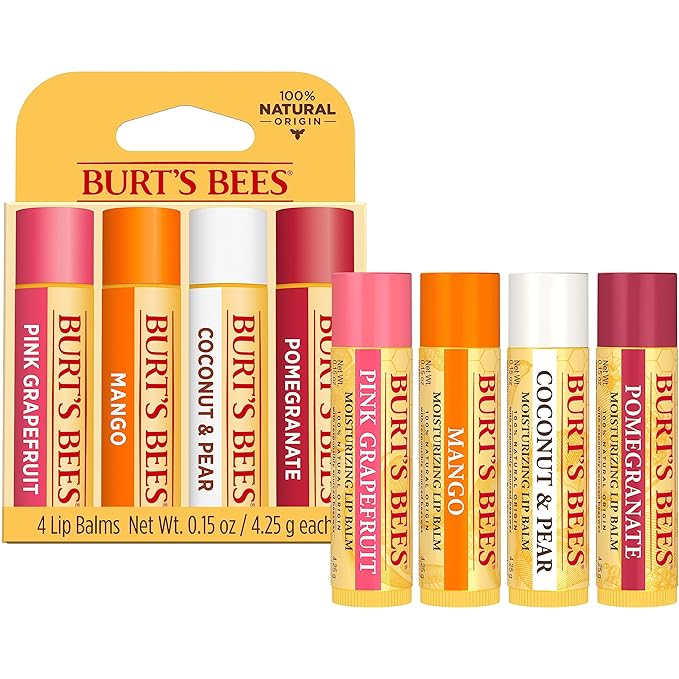 Burt's Bees Lip Balm - Pink Grapefruit, Mango, Coconut & Pear, and Pomegranate Pack, Lip Moisturizer With Beeswax, Tint-Free, Natural Origin Conditioning Lip Treatment, 4 Tubes, 0.15 oz.-Velvo Beauty