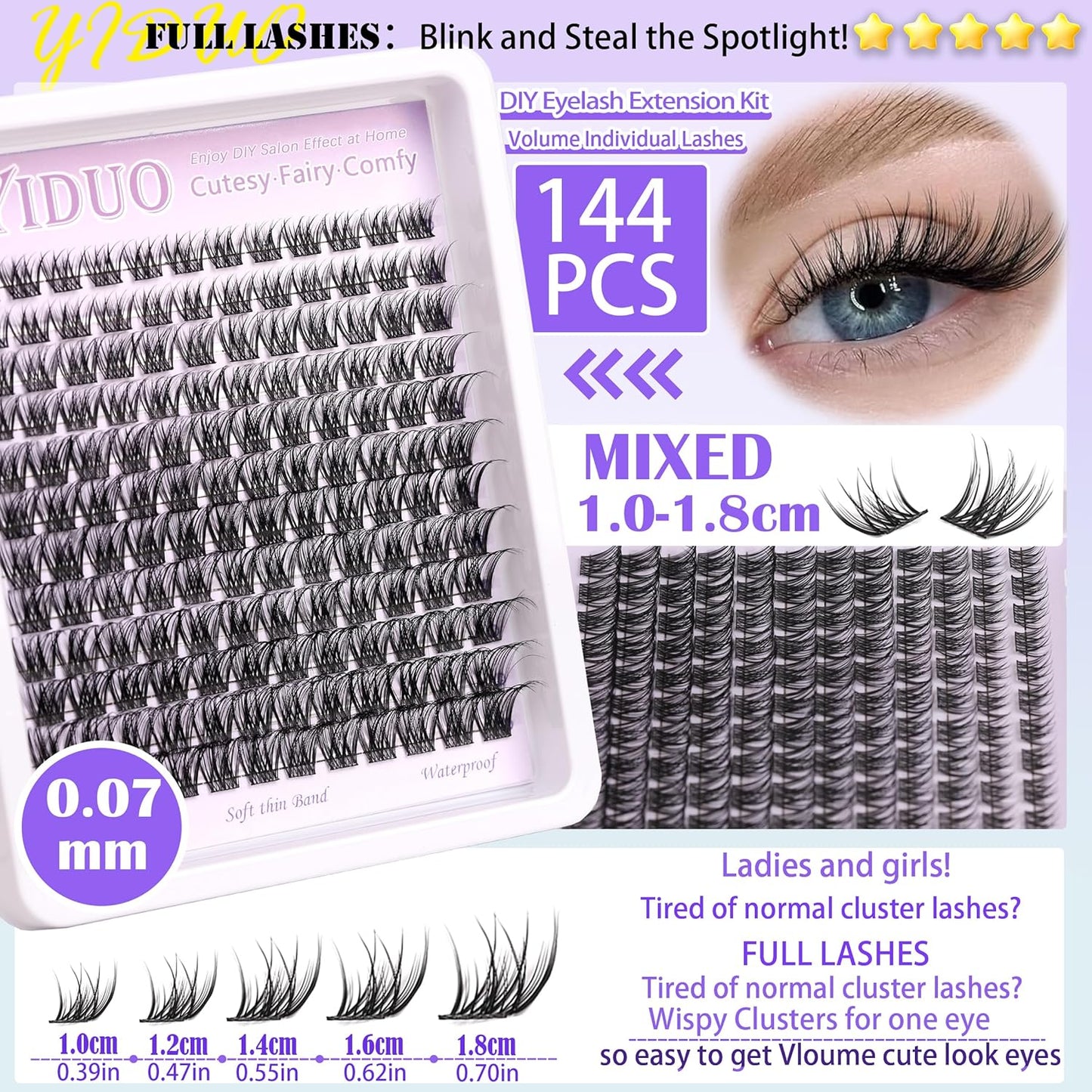 YlDUO Lashes Clusters Kit Gift Packs Natural False Eyelashes Extensions C/D Curl Wispy Individual Fake Eyelash, DIY Natural Extension Lash with Glue*2|Tweezers|Removers|Eyelash&Eyebrow Brush-Velvo Beauty