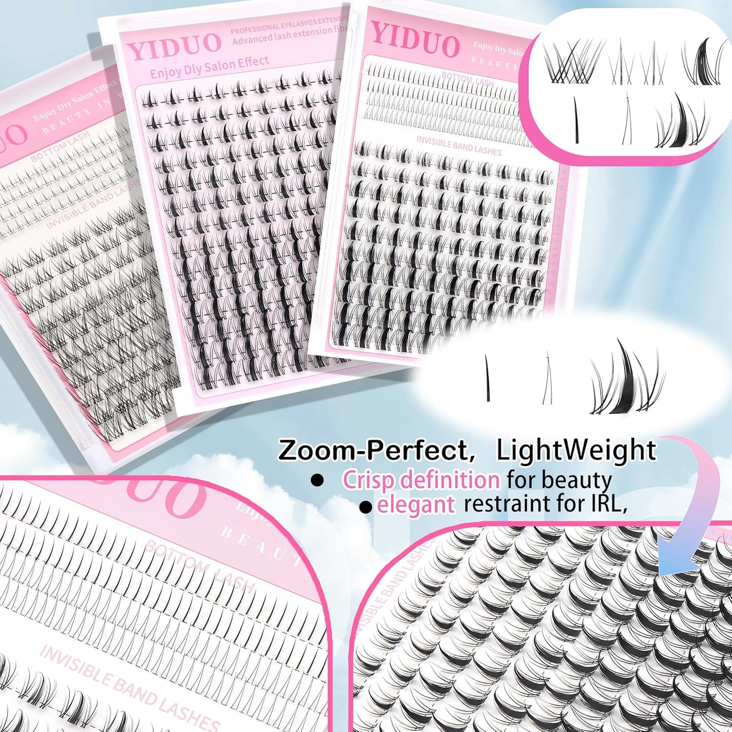 Fairy Manga lashes Clusters with Bottom Lashes Clusters Kit Gift Packs 604Pcs 5-16mm Soft Extension False Eyelash D Curl Wispy Natural Wet-Look Lashes Extensions Combo Pack with Glue Removers-Velvo Beauty