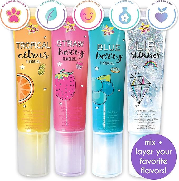 Just My Style Flavor Lab Lip Gloss by Horizon Group USA, DIY 4 Custom Lip Glosses By Mixing Colorful Flavors & Lip Shimmer. Flavors, Shimmer, Lip Gloss Tubes Mixing Stick & Instructions Included-Velvo Beauty