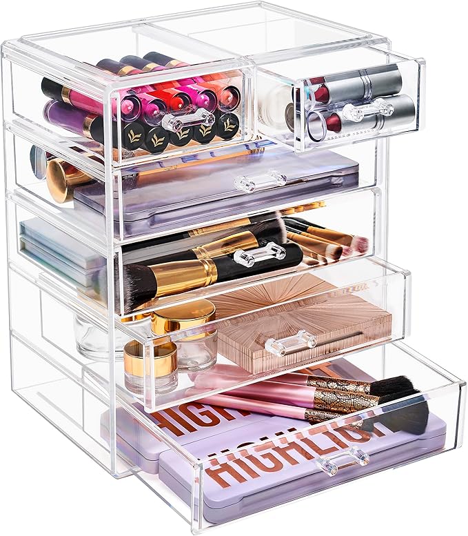 Sorbus Acrylic Makeup Organizer - Organization and Storage Case for Cosmetics Make Up & Jewelry - Big Clear Makeup Organizer for Vanity, Bathroom, College Dorm, Closet, Desk (4 Large, 2 Small Drawers)-Velvo Beauty