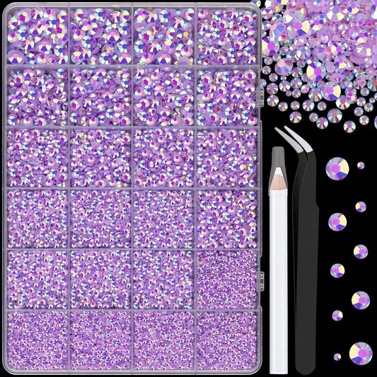 25000Pcs Resin Jelly Rhinestones for Crafting, Lavender Purple AB 2-6mm Mixed Sizes Non Hotfix Flatback Gems, Bedazzling Crystal for DIY Crafts Clothing Tumblers Mugs Shoes Fabric Nail Art-Velvo Beauty