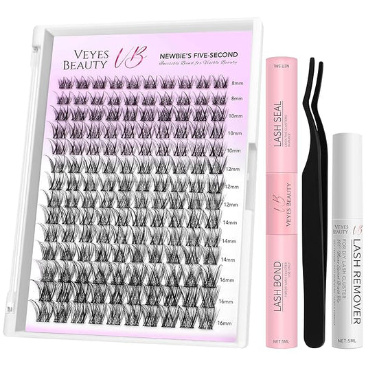 VEYESBEAUTY Lash Clusters Kit Individual Eyelash Extensions Thin & Invisible Band DIY False Eyelashes Newbie's Five-Second Series Wispy Lash Tray, LuxeBold KIT with Bond&Seal Remover Applicator-Velvo Beauty
