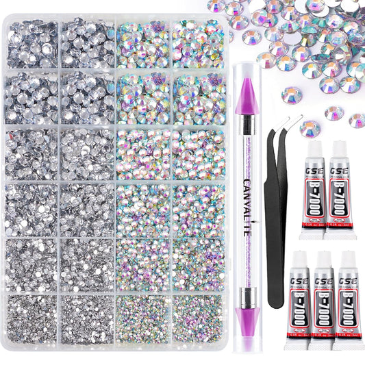 Canvalite 25000PCS Resin Jelly Rhinestones for Crafting,Clear AB Flatback Gems, Bedazzling Crystal with 5 X 2.5g B7000 Jewelry Glue and Tweezers and Dotting Pen for DIY Crafts Clothing Shoes Nail Art-Velvo Beauty