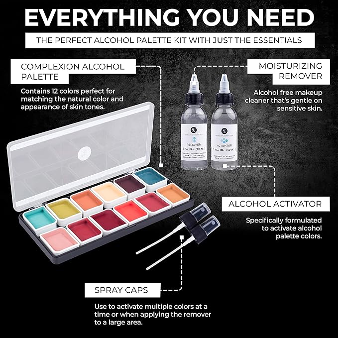 Complexion Alcohol-Activated Palette, Activator, and Remover Kit, Professional SFX Makeup Set-Velvo Beauty