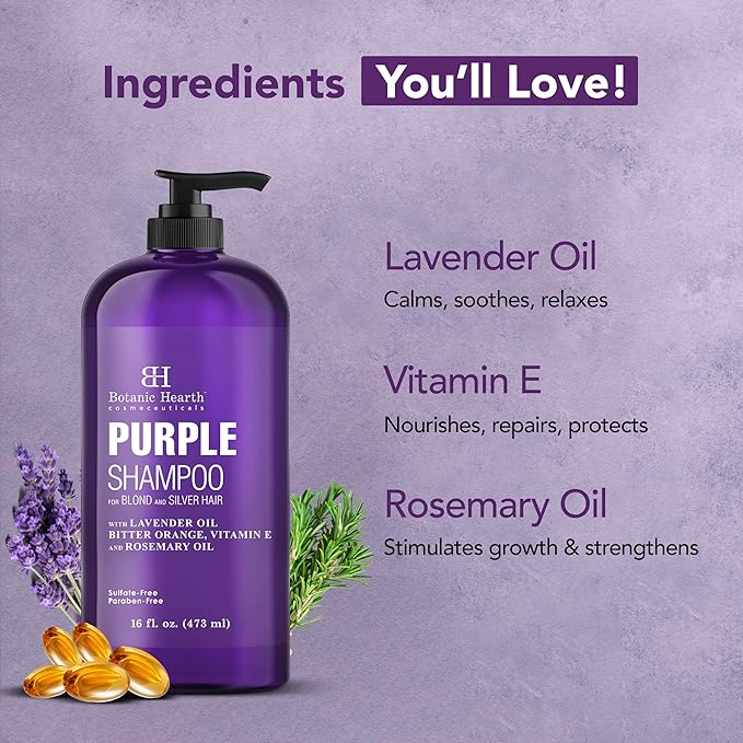 Botanic Hearth Purple Shampoo 16 Fl Oz | For All Shades Of Blonde, Silver & Gray Hair | With Lavender Oil, Vitamin E & Rosemary Oil | Sulfate & Paraben Free-Velvo Beauty