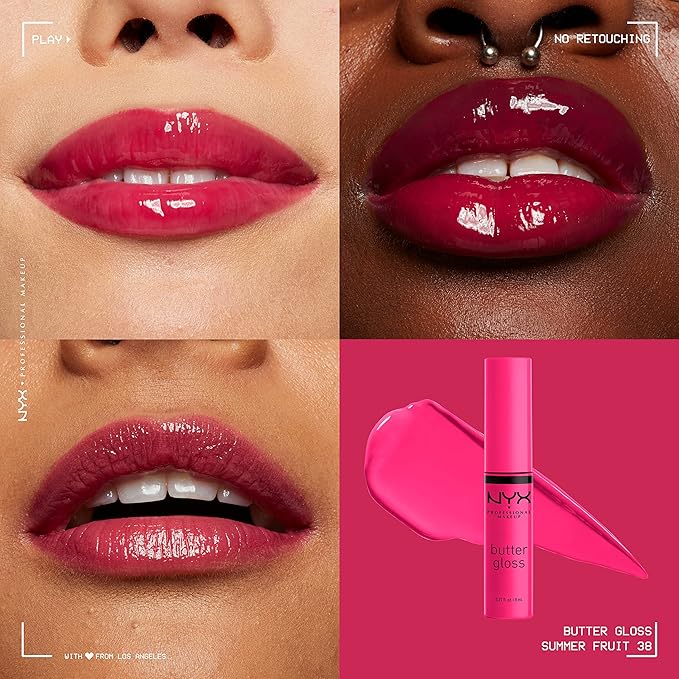 NYX PROFESSIONAL MAKEUP Butter Gloss, Non-Sticky Lip Gloss - Summer Fruit (Hot Pink)-Velvo Beauty