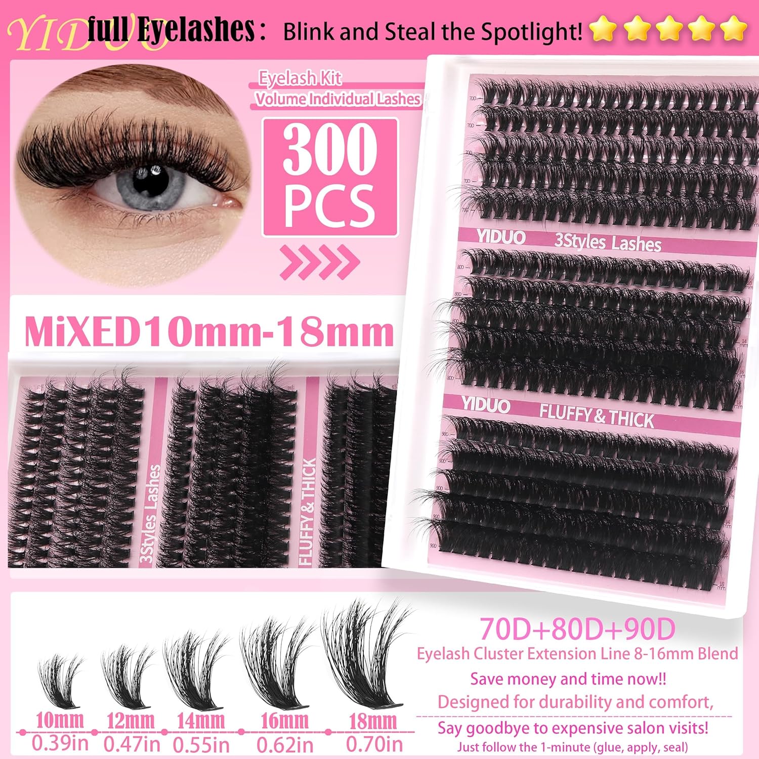 Lashes 7 style Mixed C-Curl False Eyelashes Extensions Clusters Lashes Kit Gift Packs 835Pcs with Bond&Seal Faux Mink Individual Lash Wholesale Pack DIY Individual Fake Eyelashes Box-Velvo Beauty