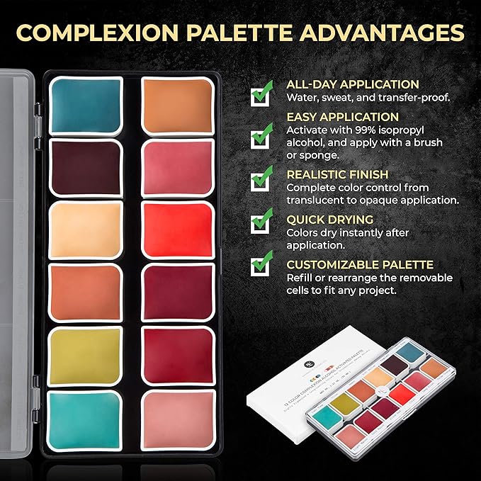 Complexion Alcohol-Activated Palette, Activator, and Remover Kit, Professional SFX Makeup Set-Velvo Beauty