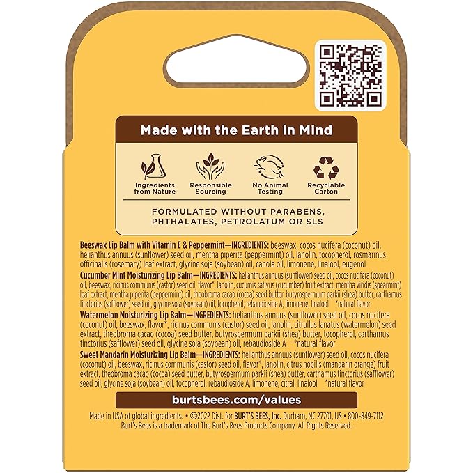 Burt's Bees Lip Balm - Original Beeswax, Cucumber Mint, Watermelon & Sweet Mandarin, With Responsibly Sourced Beeswax, Tint-Free, Natural Origin Treatment, 4 Tubes, 0.15 oz.-Velvo Beauty