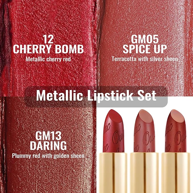 Oulac Metallic Red Lipstick Set 3PCS High Impact Lipcolor with Moisturizing Formula, Vegan Beauty, Full-Coverage Lip Color, Gift Lipstick for Women, 4.3g X 3PCS, 12+GM05+GM13-Velvo Beauty