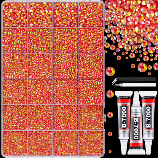 25000Pcs Resin Jelly Rhinestones with Tweezers for Crafting, Red AB Flatback Gems, Bedazzling Crystal with 3Pcs 10ml B7000 Jewelry Glue for DIY Crafts Clothing Tumblers Shoes Fabric Nail Art-Velvo Beauty