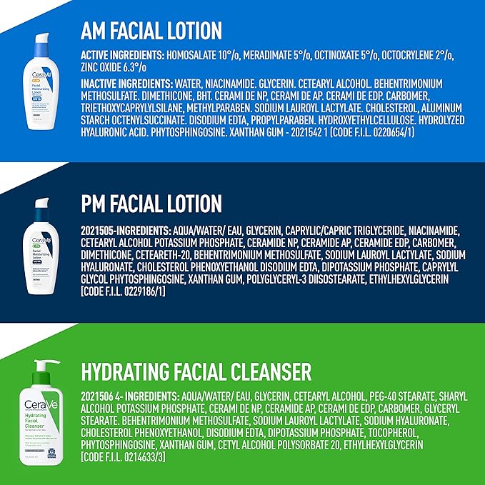 CeraVe AM Face Moisturizer with SPF, PM Face Moisturizer & Hydrating Face Wash Skin Care Routine for Morning & Night | Travel Size Toiletries | 3oz Lotion + 3oz Lotion + 3oz Cleanser-Velvo Beauty