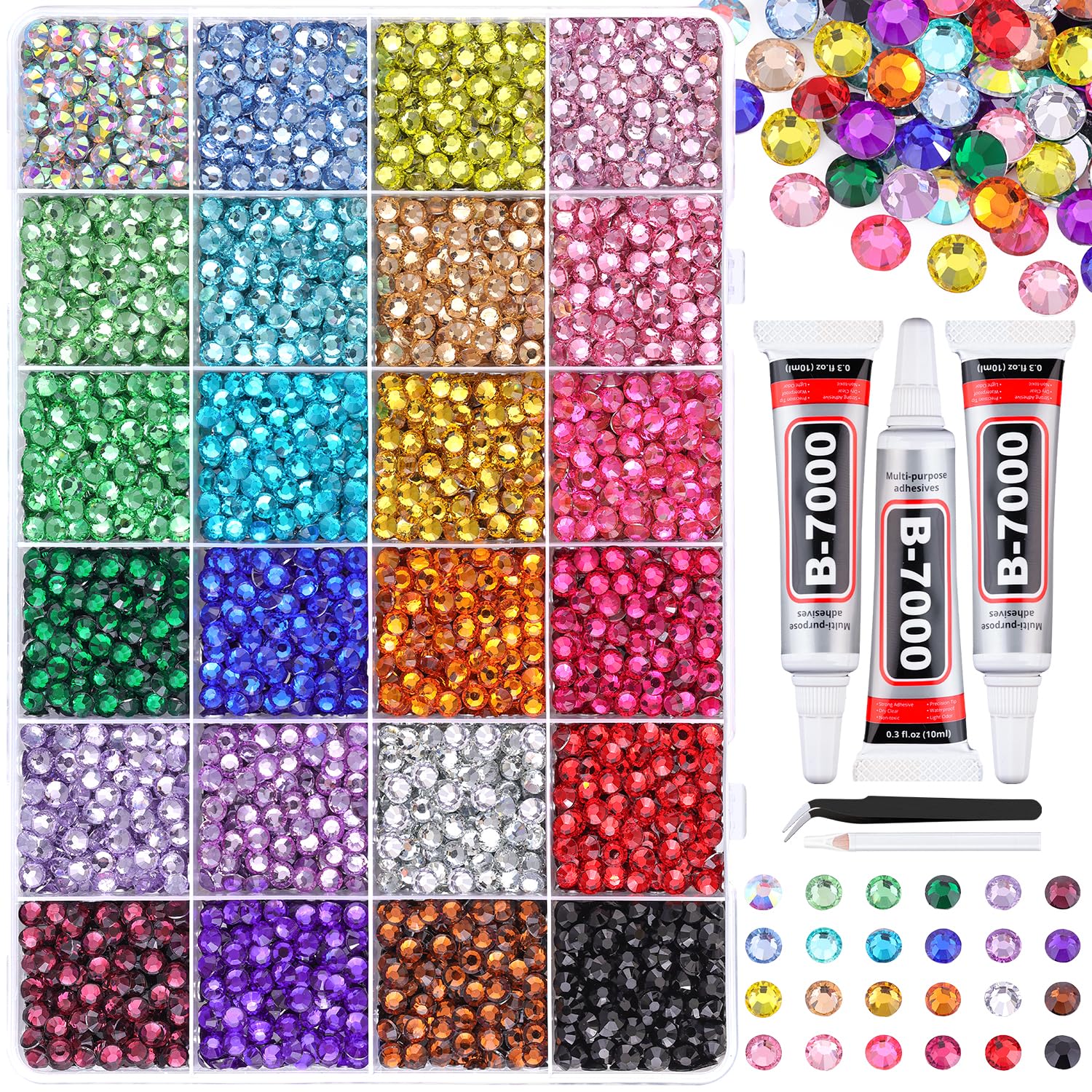 6600Pcs Resin Rhinestones for Bedazzling with Tweezers, Multicolor 5mm Rhinestones for Crafting with 3Pcs 10ml B7000 Jewelry Glue for DIY Crafts Clothing Tumblers Shoes Fabric Nail Art-Velvo Beauty