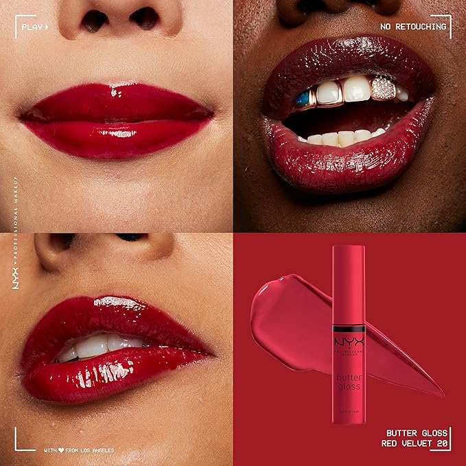 NYX PROFESSIONAL MAKEUP Butter Gloss, Non-Sticky Lip Gloss - Red Velvet (Deep Red)-Velvo Beauty