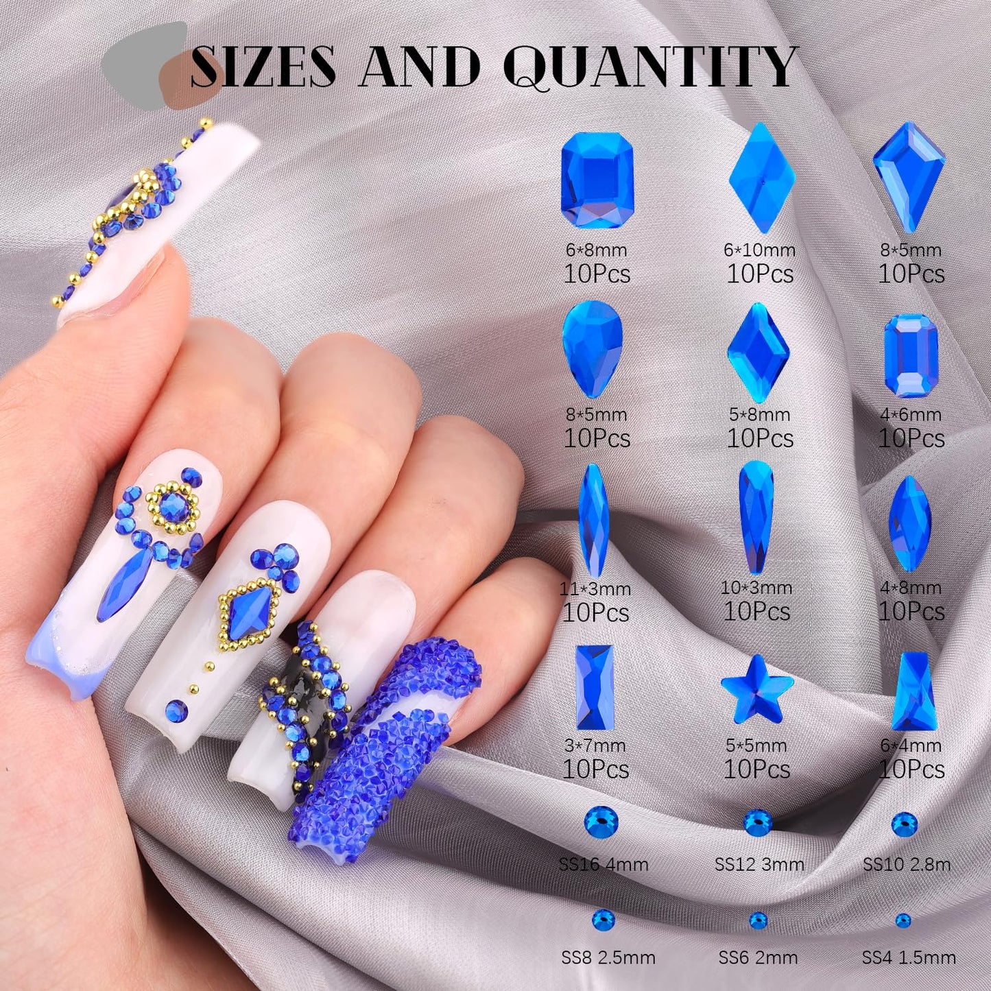 3220Pcs Royal Blue Glass Rhinestones 120Pcs Multi Shapes Flatback Gems + 3100Pcs 1.5-4mm Round Crystal With Glue Gel, Manicure Charms Diamond Gemstones for Nail Art-Velvo Beauty