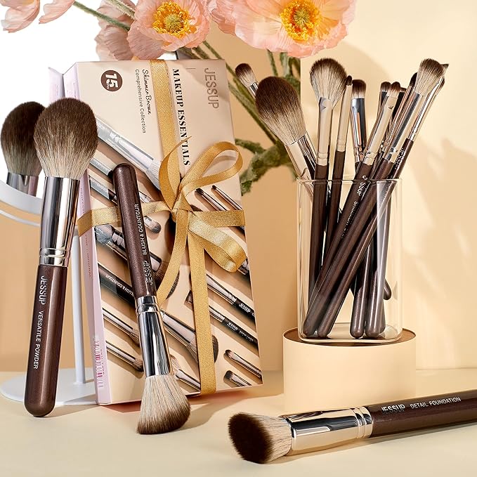 Jessup Makeup Brushes Set 15pcs Brown Make up Brushes Set Professional Premium Synthetic Foundation Eyebrow Concealer Blush Eyeshadow Contour Eyeliner Powder Blending Highlighter Brush, T498-Velvo Beauty