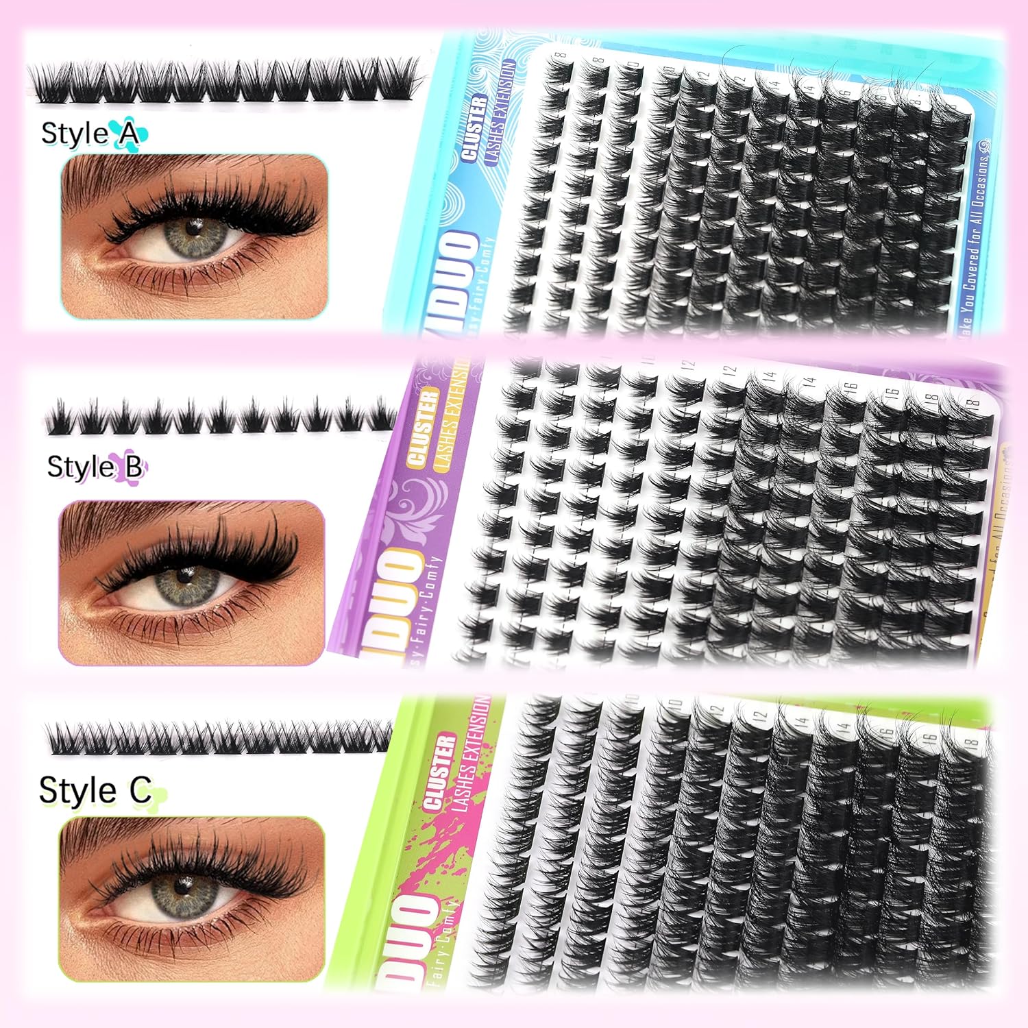 3 Styles Lash Clusters Kit Bulk Packs with 2×Bond&Seal Volume/Manga/ultra/Dramatic Eyelash Extensions 8-18mm lashes Clusters Kit Wispy D Curl Individual Fake Eyelashes Kit DIY at Home Easily-Velvo Beauty