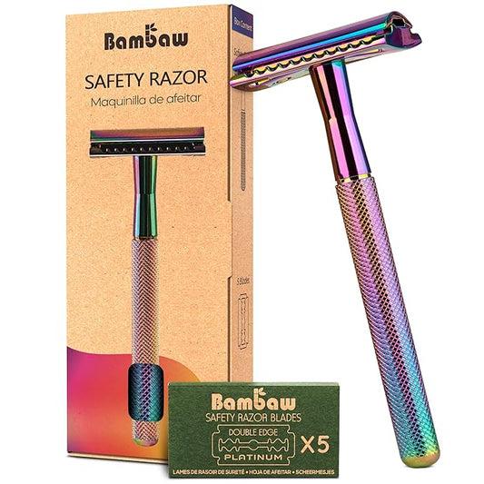 Bambaw Double Edge Safety Razor with 5 Safety Razor Blades, Women & Men’s Safety Shaving Razor, Reusable Razor, Plastic Free – Rainbow-Velvo Beauty
