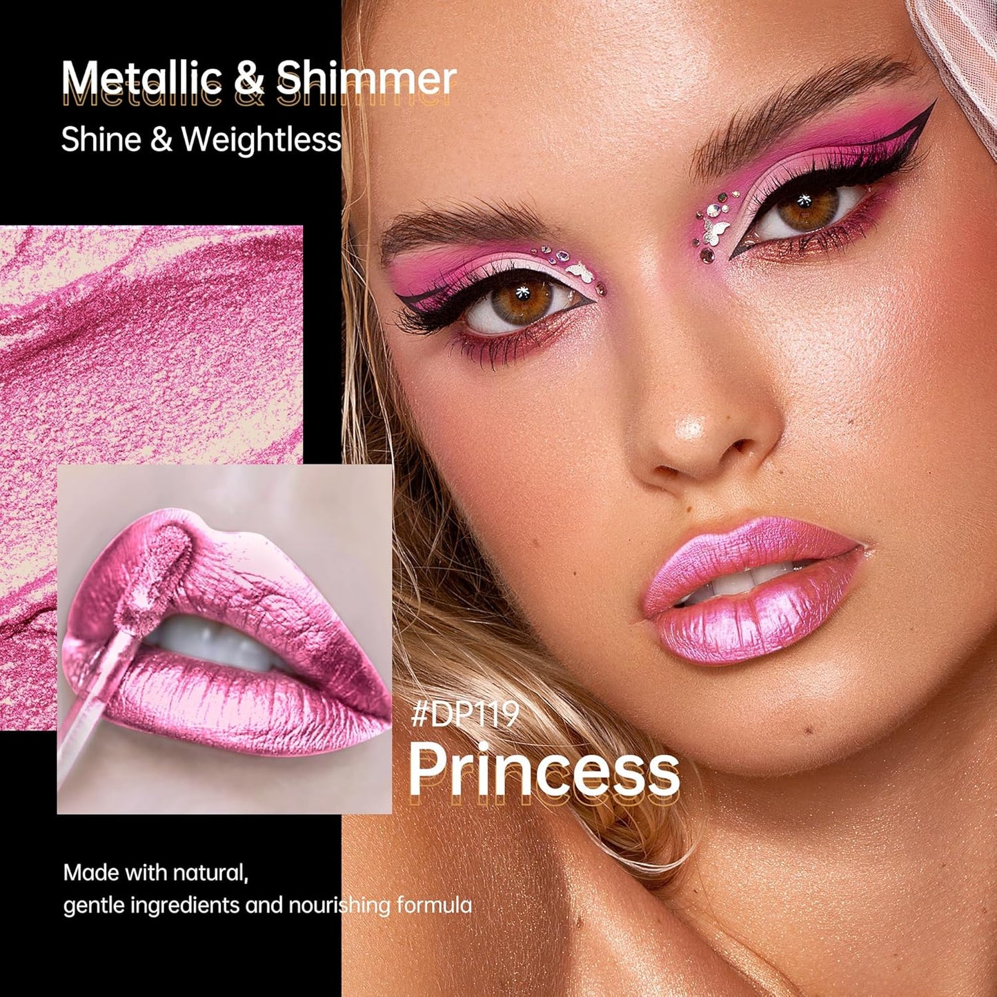 Pink Lipsticks for Women Metallic Lipstick Long Lasting Non Stick Cup Lip Gloss, Shimmer Lightweight Hydrating Full Coverage Lip Color, DP119 Princess-Velvo Beauty