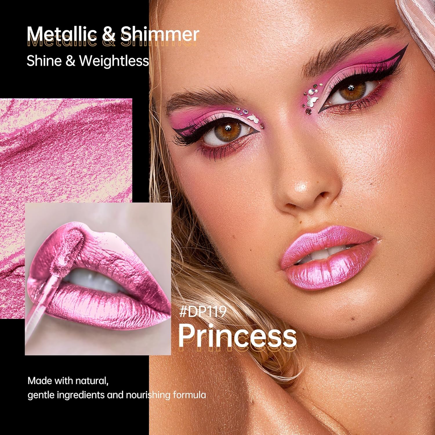 Pink Lipsticks for Women Metallic Lipstick Long Lasting Non Stick Cup Lip Gloss, Shimmer Lightweight Hydrating Full Coverage Lip Color, DP119 Princess-Velvo Beauty