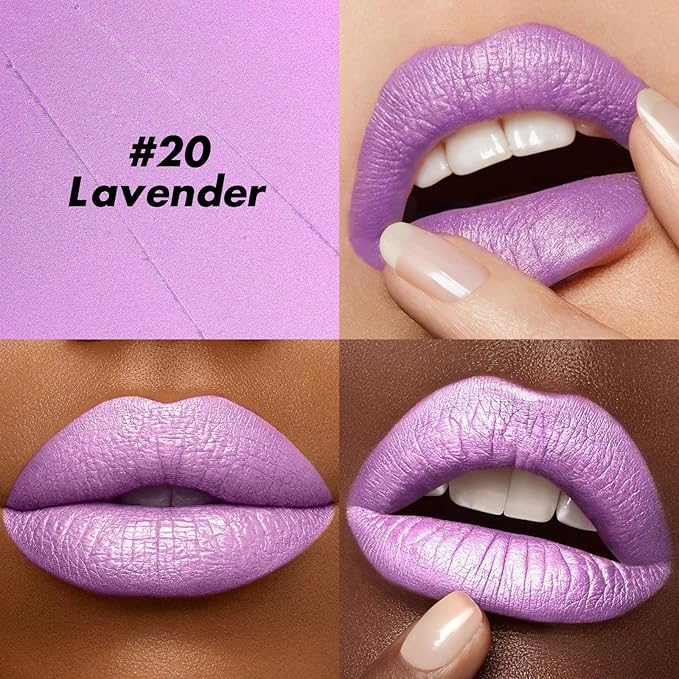 FOCALLURE Ultra Chic Metallic Lipstick,Rich Vitamin E Lip Crayon,Lightweight Shinning Color without Drying or Fading,Long Lasting Lips Makeup,#20 Lavender-Velvo Beauty