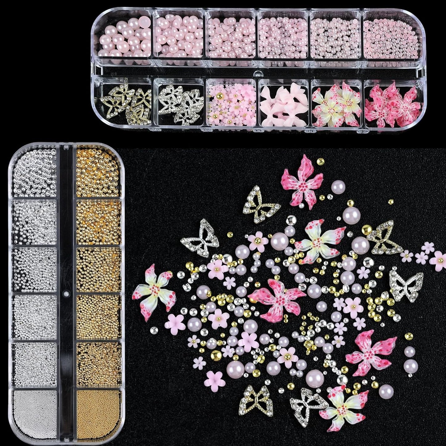 Nail Art Charms with Rhinestones Glue Gel Pink Flatback Pearls Flower Bow Nail Gems Supplies Accessories Gold Silver Nails Decoration Pearls for Women Nails Design-Velvo Beauty