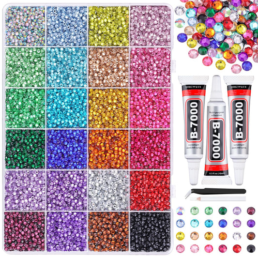 24000Pcs Resin Rhinestones for Bedazzling with Tweezers, Multicolor 3mm Rhinestones for Crafting with 3Pcs 10ml B7000 Jewelry Glue for DIY Crafts Clothing Tumblers Shoes Fabric Nail Art-Velvo Beauty
