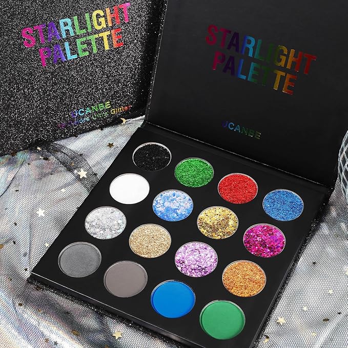UCANBE Glitter Eyeshadow Makeup Palette - 12 Face Body Chunky & Fine Pressed Glitter + 4 Eye Shadow Powder Make Up Pallet for Theater Party Cosplay Halloween Christmas, Highly Pigmented Ultra Shimmer-Velvo Beauty