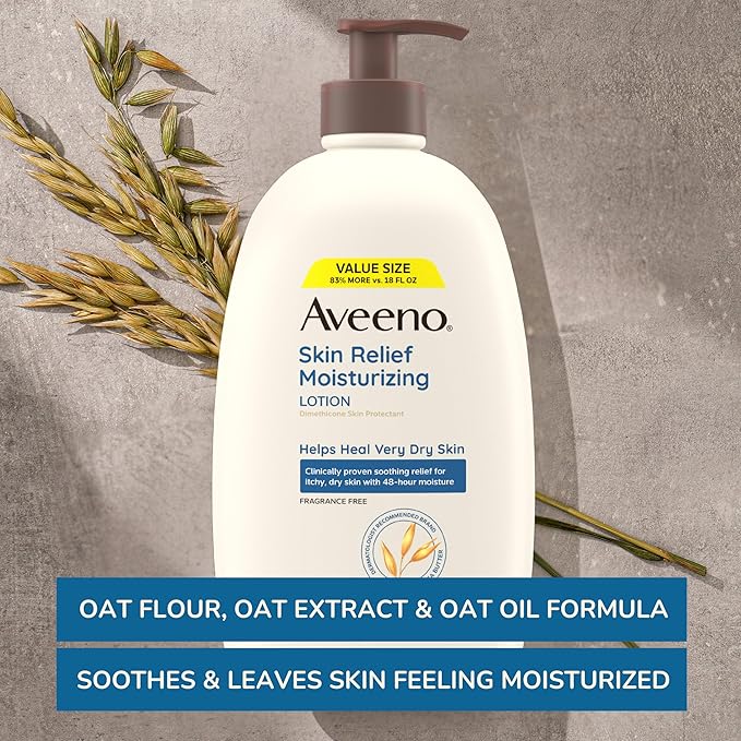 Aveeno Skin Relief Moisturizing Lotion for Very Dry, Itchy, Dry Skin, Body Moisturizer, Soothing Triple Oat & Shea Butter, Fragrance-Free, Non-Greasy, 33 fl oz-Velvo Beauty