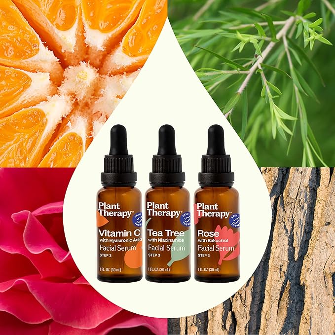 Plant Therapy Facial Serum Trio Set 1 oz each, Vitamin C & Hyaluronic Acid, Rose with Bakuchiol & Tea Tree with Niacinamide, Reduces the Appearance of Fine Lines & Wrinkles-Velvo Beauty