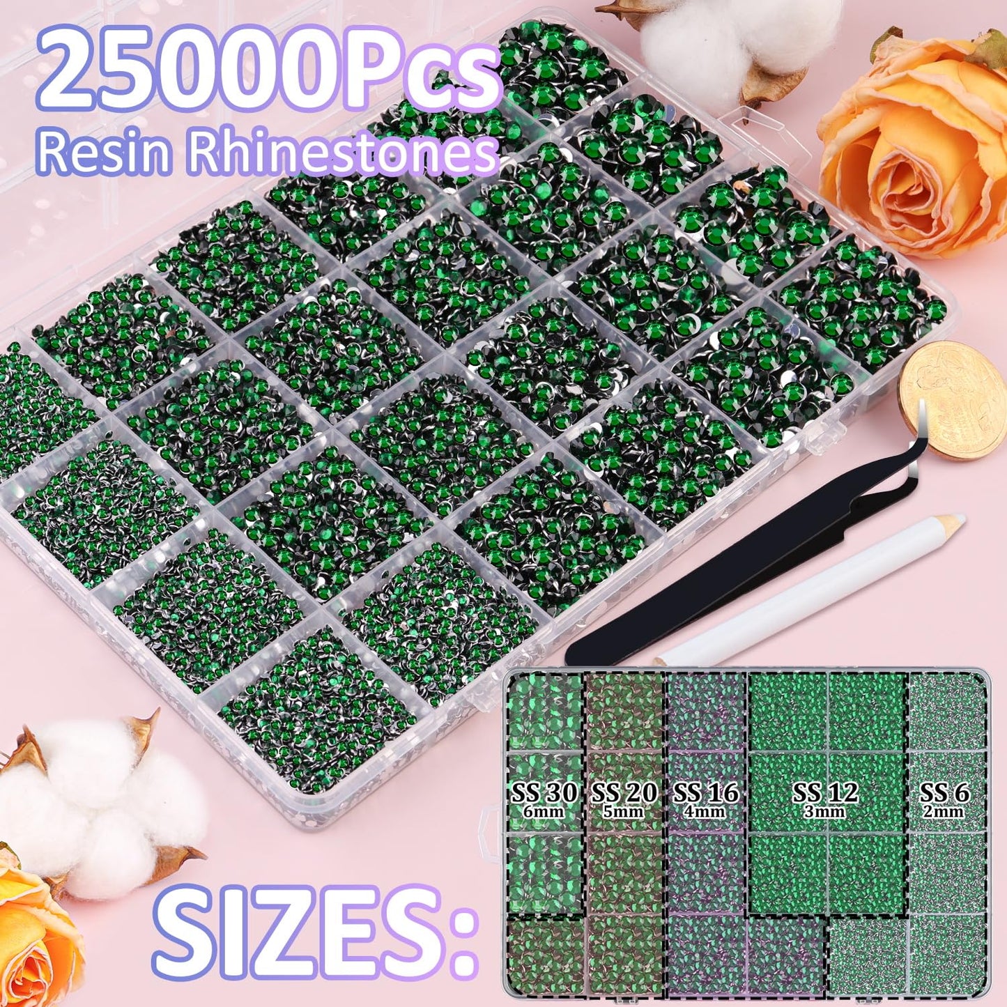 25000Pcs Resin Rhinestones for Crafting, Emerald Green 2-6mm Mixed Sizes Non Hotfix Flatback Gems, Bedazzling Crystal for DIY Crafts Clothing Tumblers Mugs Shoes Fabric Nail Art-Velvo Beauty