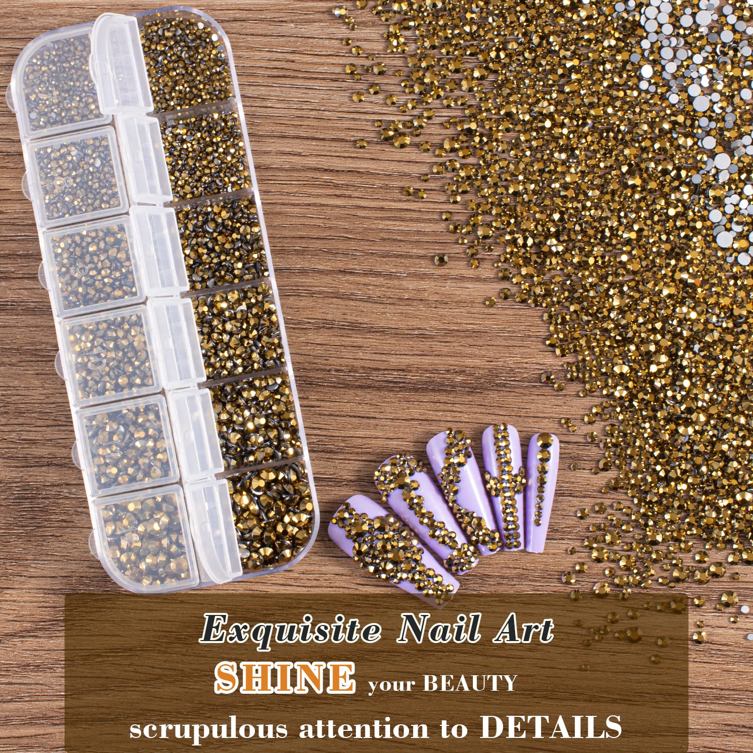 3600pcs Glass Mineral Gold Nail Rhinestones 6 Sizes(1.8/2/2.4/2.8/3/4mm) Flatback Crystal Nail Charms Jewels Decoration for Nail Art and Crafting, Tweezer and Pickup Pen included-Velvo Beauty