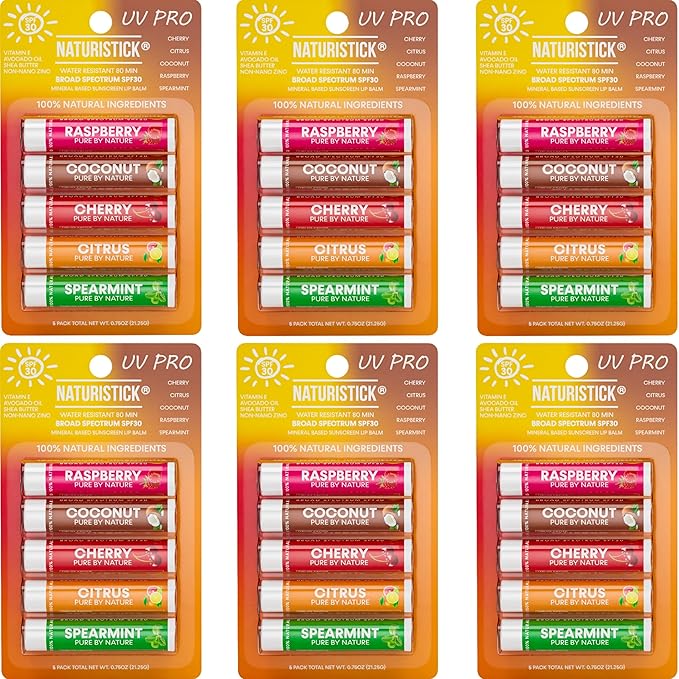 Naturistick SPF 30 Vegan Lip Balm – Mineral Sunscreen (Zinc Oxide) | Broad Spectrum UVA/UVB | 100% Natural, Coral-Friendly Formula | 30-Pack Raspberry, Coconut, Cherry, Citrus, Spearmint | Made in USA-Velvo Beauty