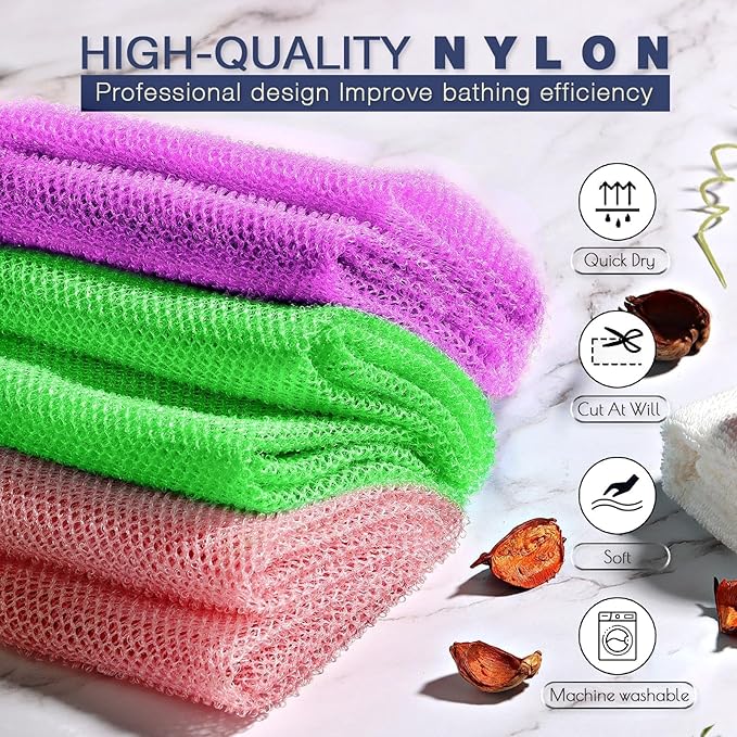 UJFQBH 3 Pieces African Bath Sponge African Net Long Net Bath Sponge Exfoliating Shower Body Scrubber Back Scrubber Skin Smoother,Great for Daily Use (Purple, Pink,Green)-Velvo Beauty