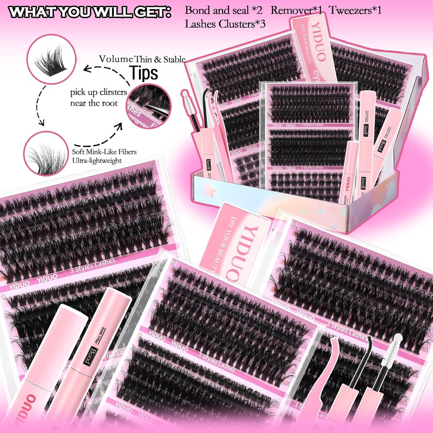 Volume Lashes Clusters Lash Kit Gift Packs 770Pcs with 2X Bond&Seal 5 style Mixed C-Curl False Eyelashes Extensions Faux Mink Individual Lash Wholesale Pack DIY Individual Fake Eyelashes Box-Velvo Beauty