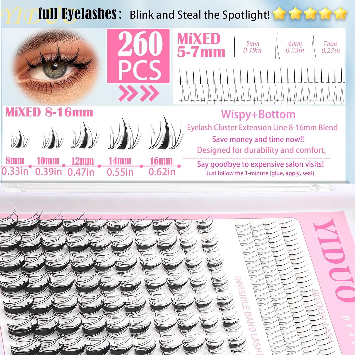 Fairy Manga lashes Clusters with Bottom Lashes Clusters Kit Gift Packs 604Pcs 5-16mm Soft Extension False Eyelash D Curl Wispy Natural Wet-Look Lashes Extensions Combo Pack with Glue Removers-Velvo Beauty