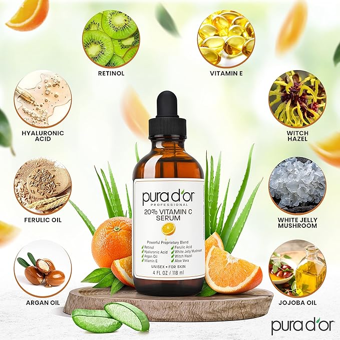 PURA D'OR 20% Vitamin C Serum 4 Oz - Lightweight Maximum Strength Formula - Retinol, Hyaluronic Acid, Ferulic Acid - Professional Grade Treatment For Face & Eyes, Wrinkles - Men & Women-Velvo Beauty