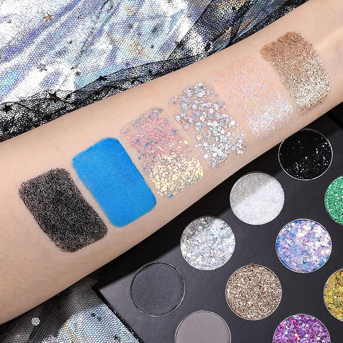 UCANBE Glitter Eyeshadow Makeup Palette - 12 Face Body Chunky & Fine Pressed Glitter + 4 Eye Shadow Powder Make Up Pallet for Theater Party Cosplay Halloween Christmas, Highly Pigmented Ultra Shimmer-Velvo Beauty