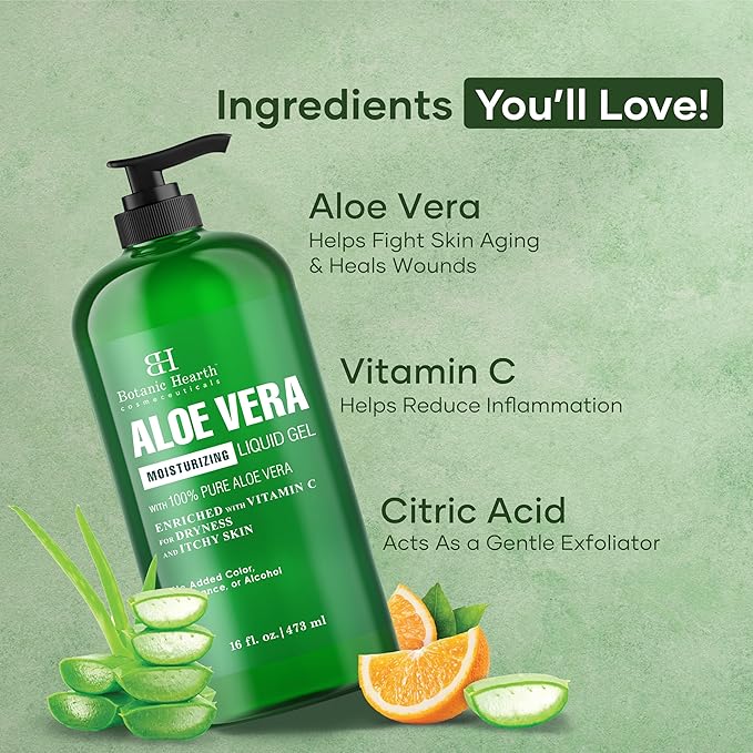 Botanic Hearth Aloe Vera Moisturizing Liquid Gel – 100% Pure Aloe, Enriched with Vitamin C for Dry & Itchy Skin – No Added Color, Fragrance, or Alcohol – 16 fl. oz-Velvo Beauty