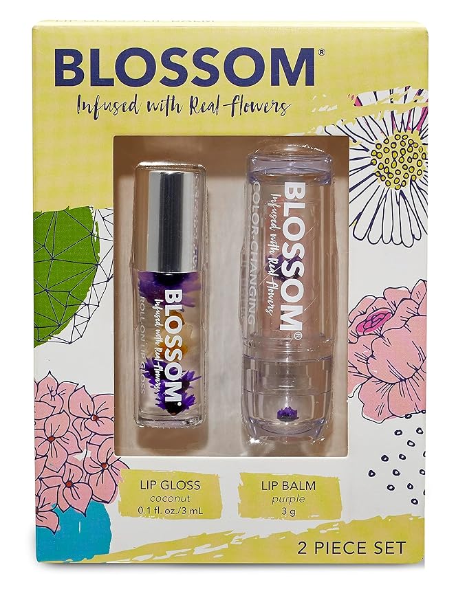 Blossom Moisturizing Custom Color Changing Crystal Lip Balm Strawberry Scented Lip Stain Tint, Mini Coconut Rollon Scented Lip Gloss, Infused with Real Flowers, 2 pk, Coconut/Purple-Velvo Beauty