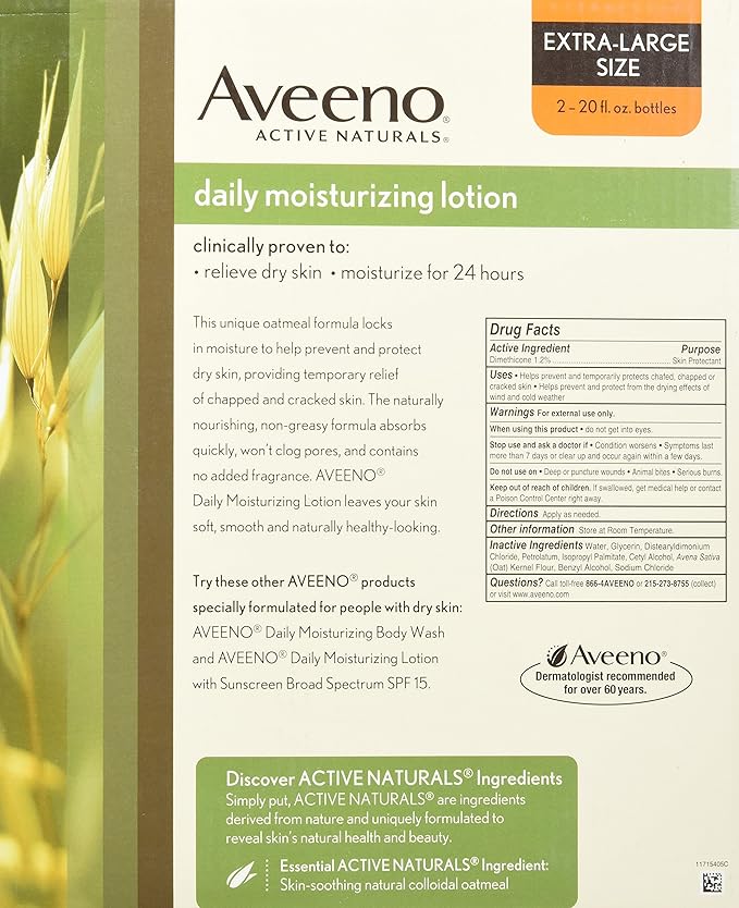Aveeno Active Naturals Daily Moisturizing Lotion, New 2 Pack Of 20 Fl Ounce Pump, 1 Fl Ounce-Velvo Beauty