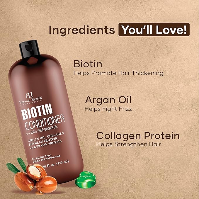 Botanic Hearth Biotin Conditioner With Ginger Oil & Keratin | For Hair Growth |With Turmeric Extract, Argan Oil, Tea Tree Oil & Vitamin E | Sulphate & Paraben Free | 16 Fl Oz-Velvo Beauty