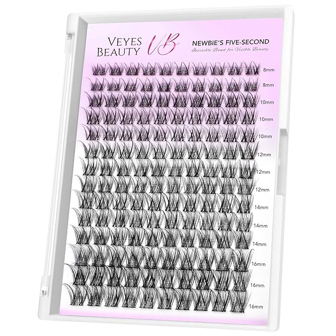 VEYESBEAUTY Lash Clusters Individual Eyelash Extensions Thin & Invisible Band DIY False Eyelashes for Self-application Newbie's Five-Second Series Wispy Lash Tray, LuxeBold 8-16mm Mixed Length-Velvo Beauty